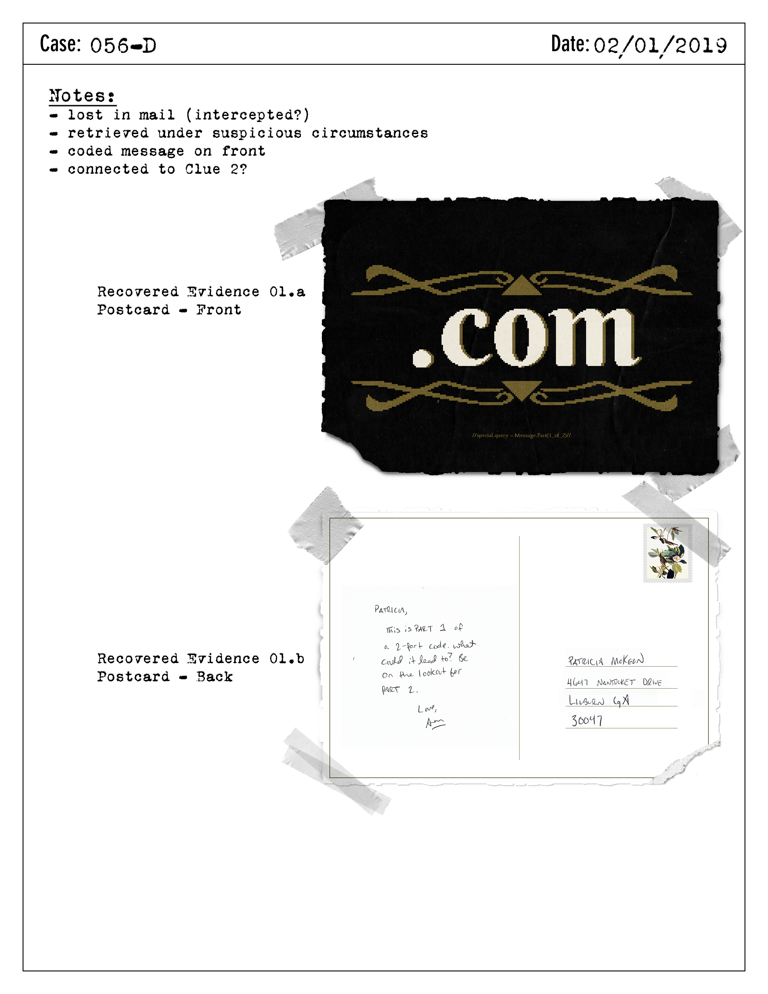 Case file evidence note with the postcard front and back taped in