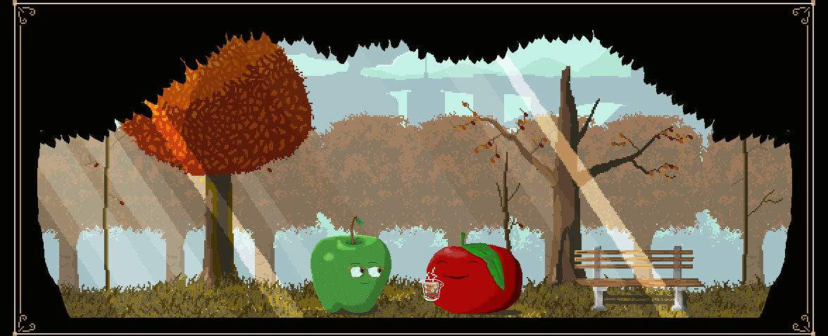 Two apple characters sitting together on a bench in an autumn park