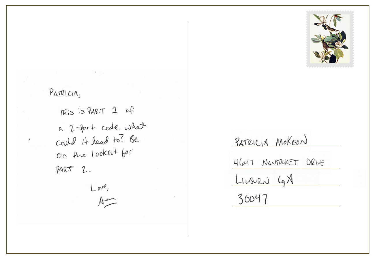 Postcard back, a handwritten note addressed to Patricia McKeon about part 1 of a 2-part code